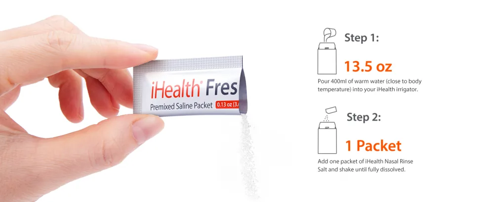 iHealth Fresh Premixed Saline Packet 90 Packets 0.9% Isotonic Saline Solution for Electric Nasal Irrigator - Non-Iodized Sinus Relief & Allergy Care - How to use
