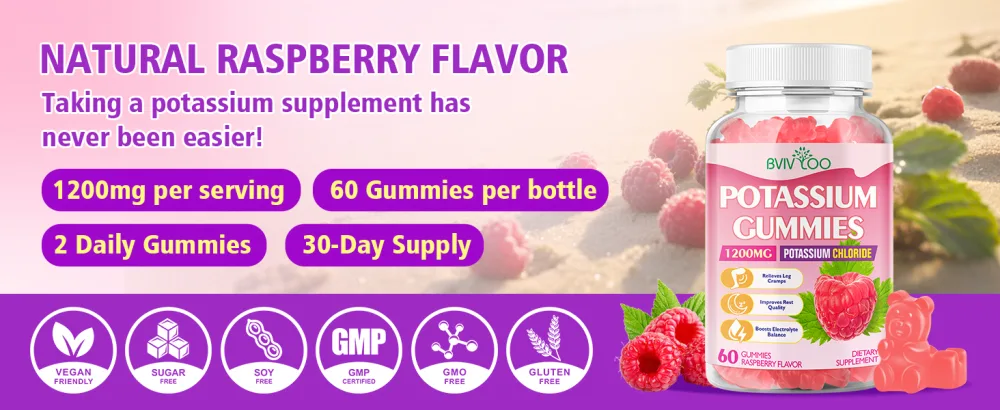 Potassium Gummies for Adults with 1200mg Potassium Chloride - Supports Muscle Health & Leg Cramps Raspberry Flavor 60 Count 1pack - Potassium Chloride Gummies