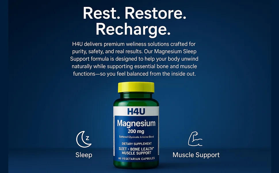 H4U Magnesium Sleep Support Bone & Muscle Health Dietary Supplement Vegetarian Capsules 200 mg 60 Count - product information 2