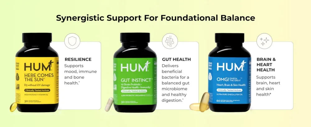 HUM Daily Wellness Essentials Bundle Dream Team Magnesium + OMG! Omega The Great + Here Comes The Sun Vitamin D3 - Synergistic Support For Fundation Balance