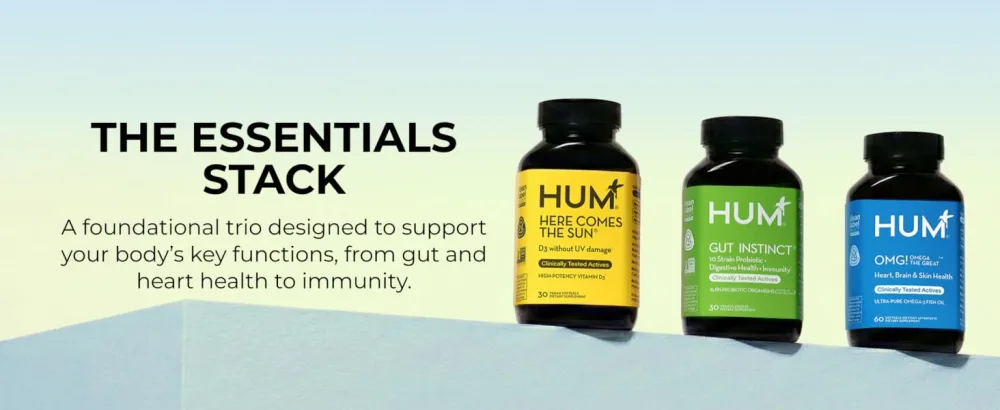 HUM Daily Wellness Essentials Bundle Dream Team Magnesium + OMG! Omega The Great + Here Comes The Sun Vitamin D3 - The Essentials Stack