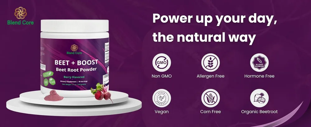 Blend Core Beet + Boost Organic Beet Root Powder - Berry Flavored Beetroot Powder with Acai Stevia Vitamin C Micro Ingredients Beet Juice Powder Pre Workout for Athletics Vegan Non-GMO - Blend Core Beetroot powder