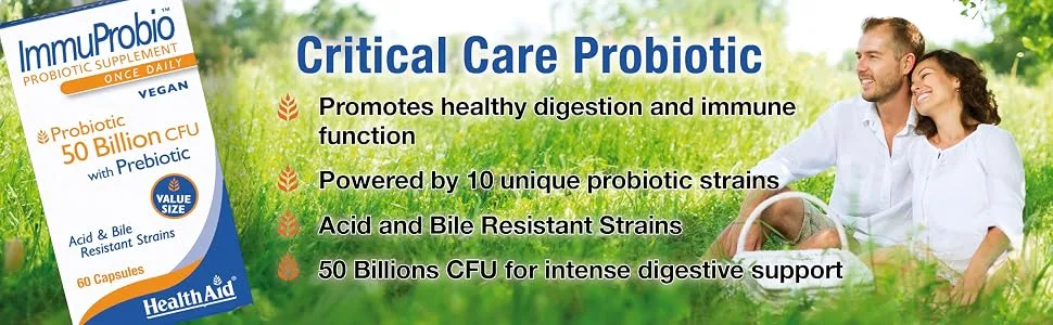 HealthAid ImmuProbio 60 Caps - 50 Billion CFU with Prebiotic Once Daily Acid & Bile Resistant Strains Vegan - product information 3