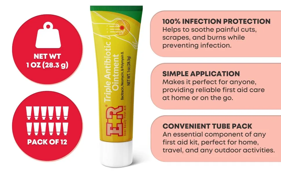 Ever Ready First Aid Triple Antibiotic Ointment 1.0 oz First Aid Ointment for Minor Scratches Cuts Burns Wounds and Prevents Infection - 12 Pack 12 Count - 12 Pack