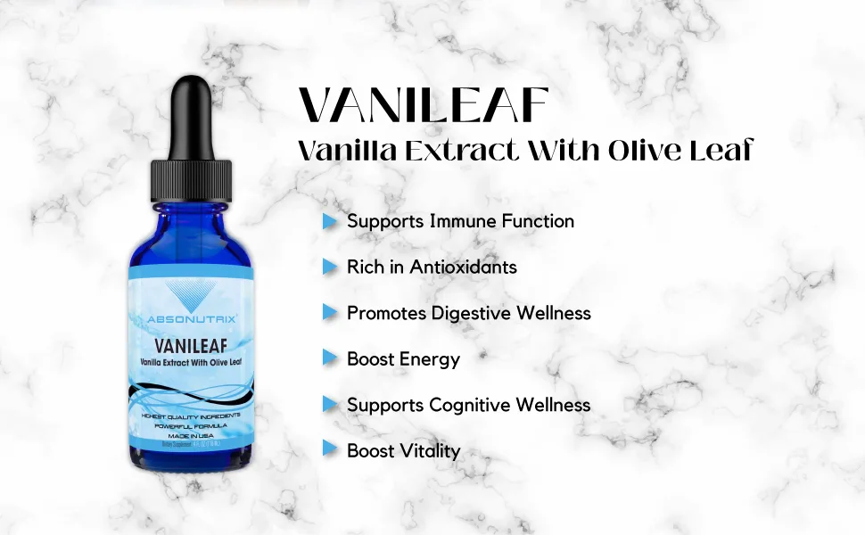 Absonutrix VaniLeaf 390 mg 4 FL OZ Liquid 302 Servings Made in USA Plant-Based Ingredients Olive Fruit Pineapple Liquid Vanilla Extract Gluten-Free Non-GMO GMP Certified - VaniLeaf