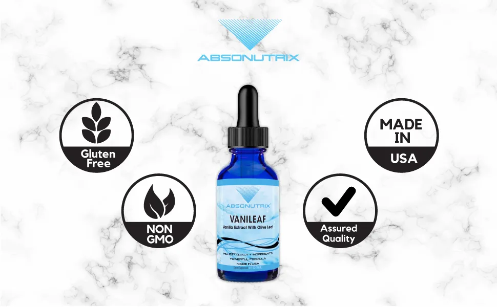 Absonutrix VaniLeaf 390 mg 4 FL OZ Liquid 302 Servings Made in USA Plant-Based Ingredients Olive Fruit Pineapple Liquid Vanilla Extract Gluten-Free Non-GMO GMP Certified - VaniLeaf