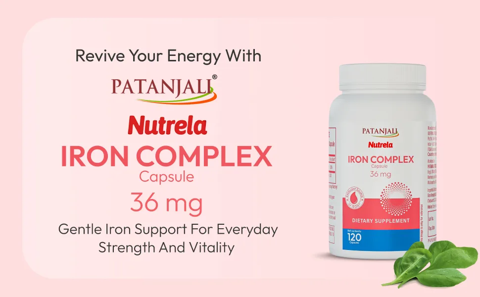 patanjali Nutrela Iron Complex 36mg | Energy Support Supplement | Plant-Based Multivitamin & Mineral Formula for Adults | 120 Vegetarian Capsules - B0FKMTZ8VD
