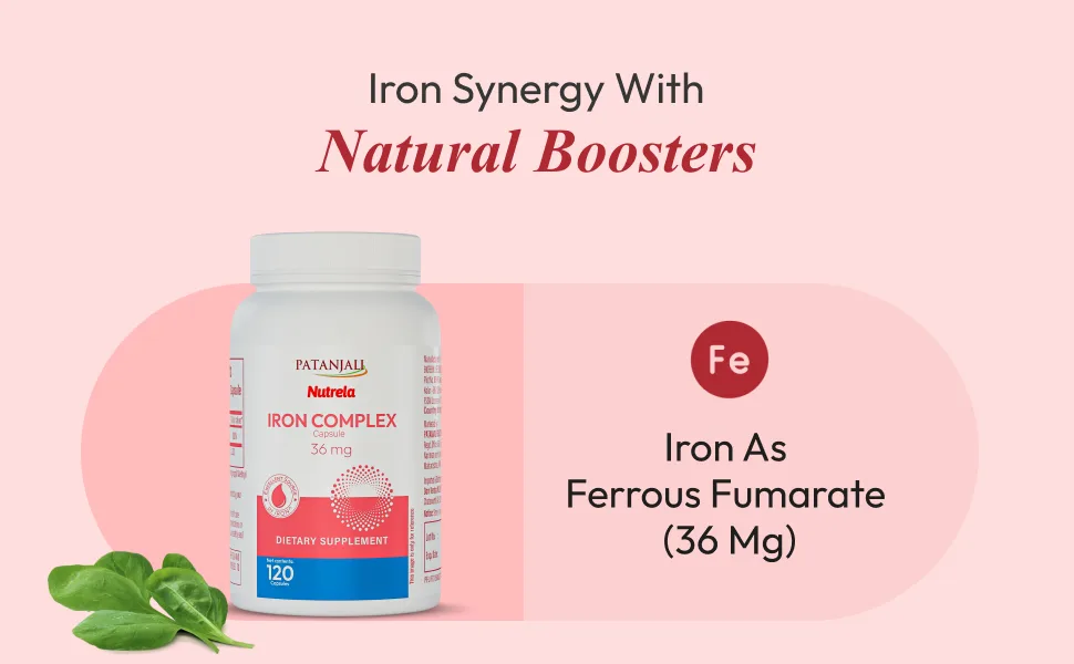 patanjali Nutrela Iron Complex 36mg | Energy Support Supplement | Plant-Based Multivitamin & Mineral Formula for Adults | 120 Vegetarian Capsules - B0FKMTZ8VD