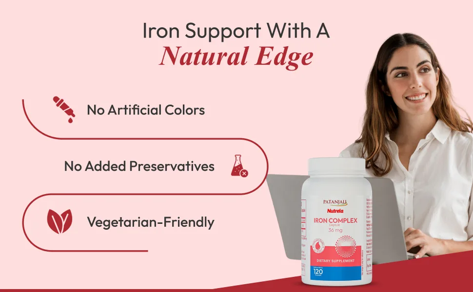 patanjali Nutrela Iron Complex 36mg | Energy Support Supplement | Plant-Based Multivitamin & Mineral Formula for Adults | 120 Vegetarian Capsules - B0FKMTZ8VD