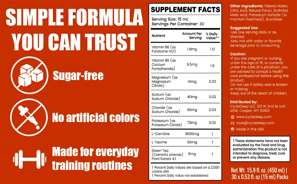 L-Carnitine Liquid Supplement with l carnitine 3000 and l carnitine Pre-Workout Formula with Green Tea Taurine & Electrolytes for Active Performance (30 Sachets) - product information 6