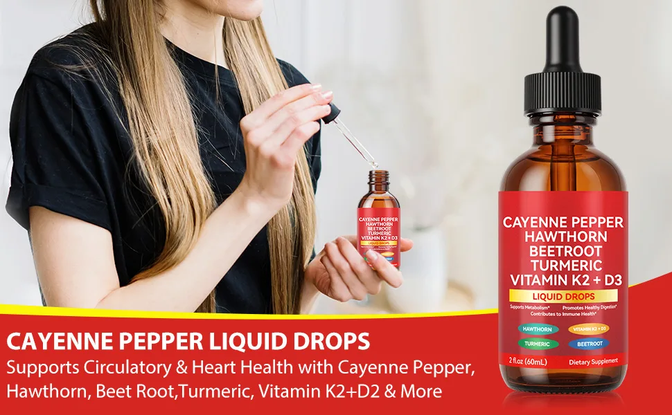 Cayenne Pepper Drops Cayenne Pepper Supplement with Hawthorn Berry Vitamin D3 K2 Beet Root Powder Ceylon Cinnamon Turmeric Curcumin Vegan-Friendly Easily Absorbed - 60ml - cayenne pepper drops