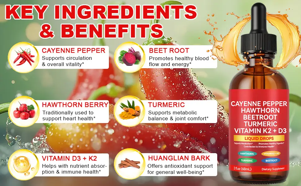 Cayenne Pepper Drops Cayenne Pepper Supplement with Hawthorn Berry Vitamin D3 K2 Beet Root Powder Ceylon Cinnamon Turmeric Curcumin Vegan-Friendly Easily Absorbed - 60ml - Cayenne Pepper Drops Supplement Liquid