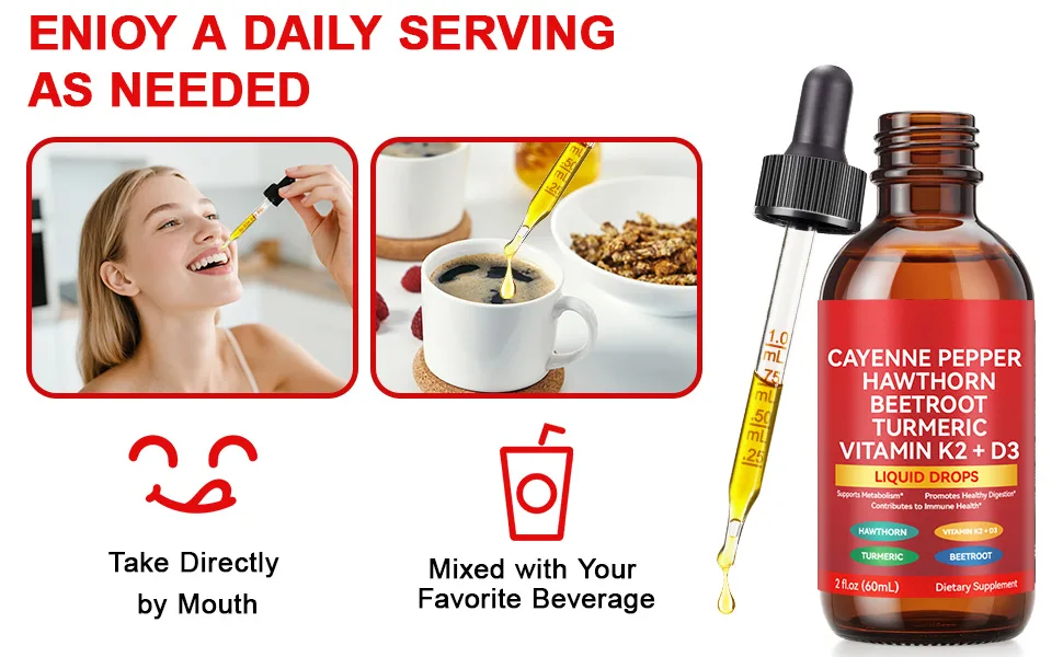 Cayenne Pepper Drops Cayenne Pepper Supplement with Hawthorn Berry Vitamin D3 K2 Beet Root Powder Ceylon Cinnamon Turmeric Curcumin Vegan-Friendly Easily Absorbed - 60ml - Cayenne Pepper Extract