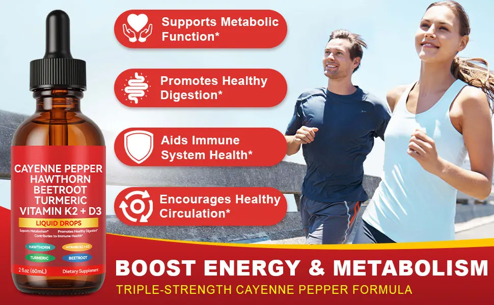 Cayenne Pepper Drops Cayenne Pepper Supplement with Hawthorn Berry Vitamin D3 K2 Beet Root Powder Ceylon Cinnamon Turmeric Curcumin Vegan-Friendly Easily Absorbed - 60ml - Cayenne Pepper Hawthorn Beet Root Turmeric Curcumin
