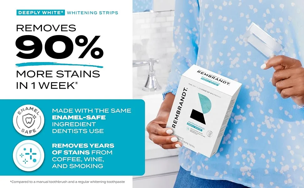 Rembrandt Teeth Whitening Strips Deeply White Enamel-Safe 28 Whitening Strips (14 Treatments) - 90% More