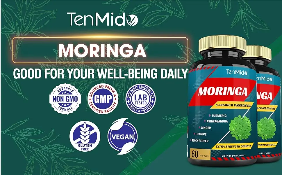 2 Packs Moringa Capsules 4 Months Supply with Turmeric Ashwagandha Ginger Licorice Black Pepper | Immune Support Energy Booster | Oleifera Leaf Herb Supplements - moringa leaf capsules third party tested moringa moringa 3rd party tested moringa magic