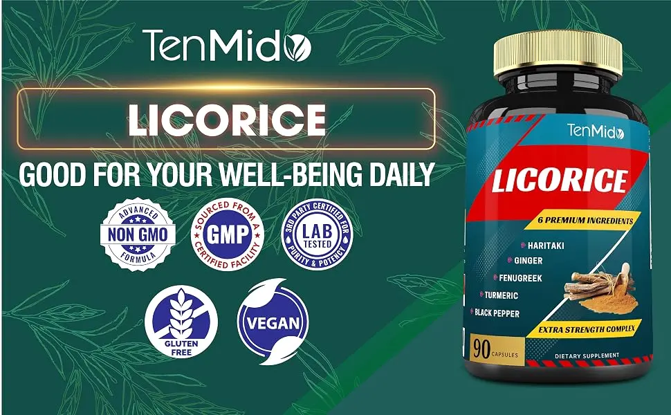 Licorice Extract Capsules with Turmeric Ginger Fenugreek Haritaki Black Pepper - Support Digestion Function - 90 Caps 3 Months Supply - dgl licorice root pure licorice root extract powder licorice plus organic licorice root extract
