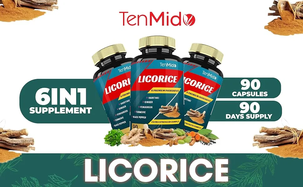 Licorice Extract Capsules with Turmeric Ginger Fenugreek Haritaki Black Pepper - Support Digestion Function - 90 Caps 3 Months Supply - licorice root dgl licorice chewable tablets licorice root extract dgl supplement dgl licorice