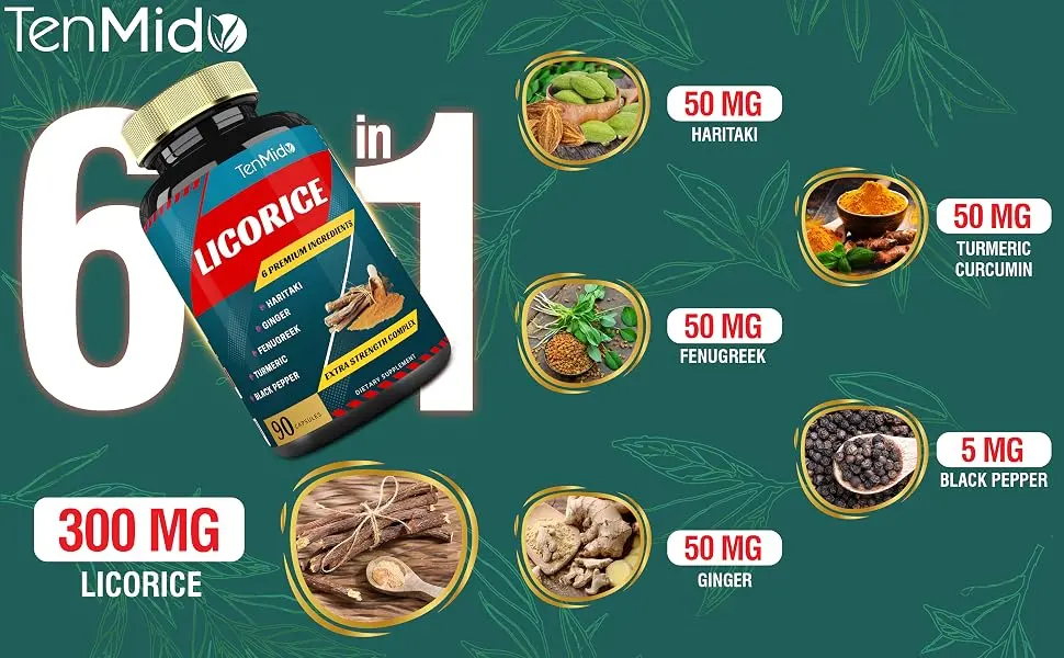 Licorice Extract Capsules with Turmeric Ginger Fenugreek Haritaki Black Pepper - Support Digestion Function - 90 Caps 3 Months Supply - licorice root organic licorice root capsules dgl plus licorice extract licorice supplement