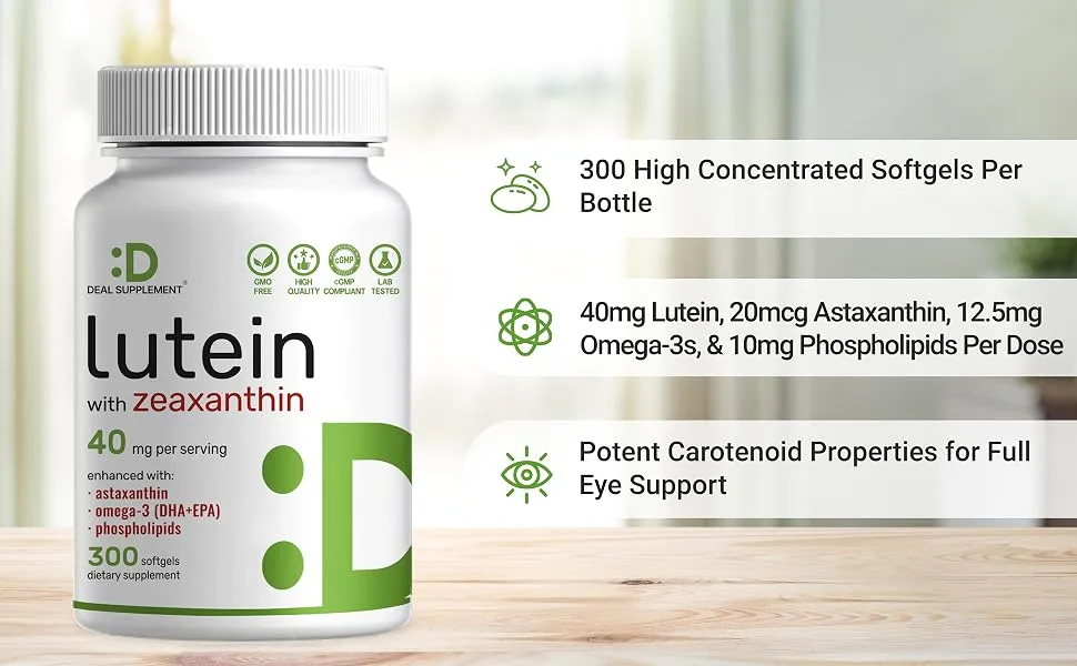 Lutein and Zeaxanthin Supplements 40mg Per Serving 300 Softgels Plus Astaxanthin Omega-3s & Phospholipids Non-GMO 300 Count (Pack of 1) - Lutein