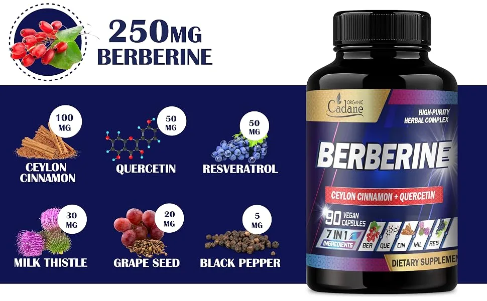 Cadane Berberine Supplement with Ceylon Cinnamon Quercetin Resveratrol Milk Thistle Grape Seed and Black Pepper - 3-Month Supply for 90 Capsules - berberina 1,500mg para reducir el azucar en la sangre organic berberine supplement berberine 1000mg