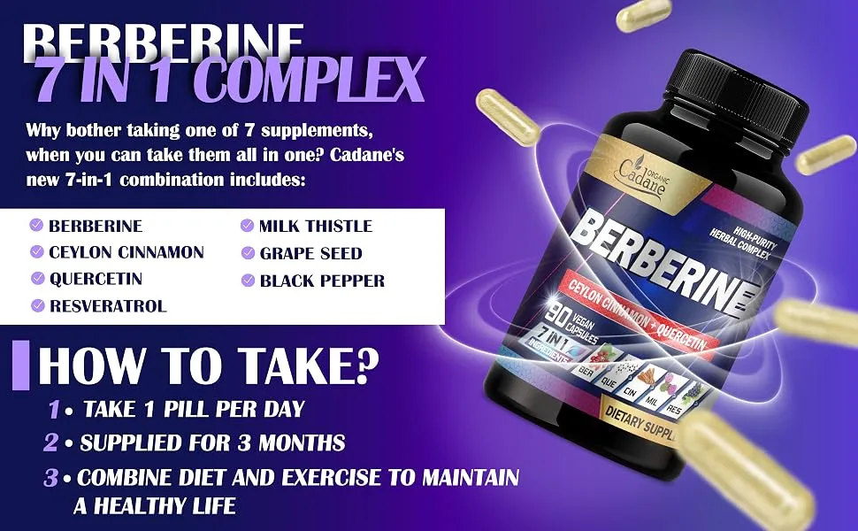 Cadane Berberine Supplement with Ceylon Cinnamon Quercetin Resveratrol Milk Thistle Grape Seed and Black Pepper - 3-Month Supply for 90 Capsules - feel good berberine phytosome wellbetx berberine 500mg berberine supplement organic berberine +