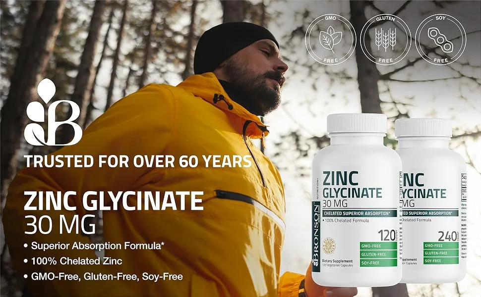Bronson Zinc Glycinate 30mg Chelated Superior Absorption 100% Chelated Formula Non-GMO 120 Vegetarian Capsules 120 Count (Pack of 1) - Zinc
