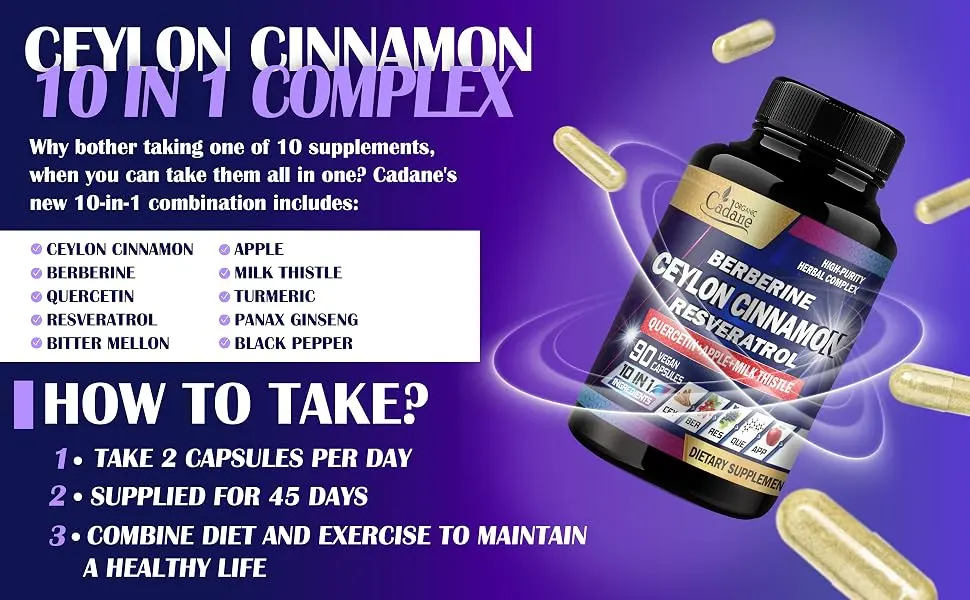 Cadane Ceylon Cinnamon Berberine Quercetin Supplement - Support Heart Body Digestive & Immunity - 10in1 with Milk Thistle Turmeric Apple & More - 90 Veggie Capsules - ceylon cinnamon powder organic capsules ceylon cinnamon? ceylon cinnamon capsules organic