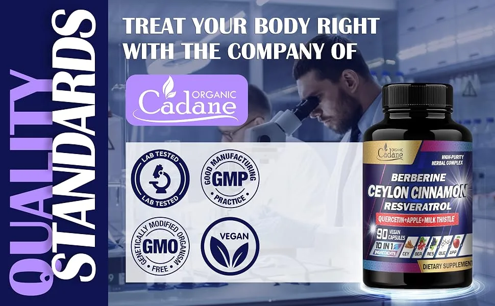 Cadane Ceylon Cinnamon Berberine Quercetin Supplement - Support Heart Body Digestive & Immunity - 10in1 with Milk Thistle Turmeric Apple & More - 90 Veggie Capsules - cinnamon supplements 2000mg organic cinnamon supplements ceylon cinnamon capsules 1000mg