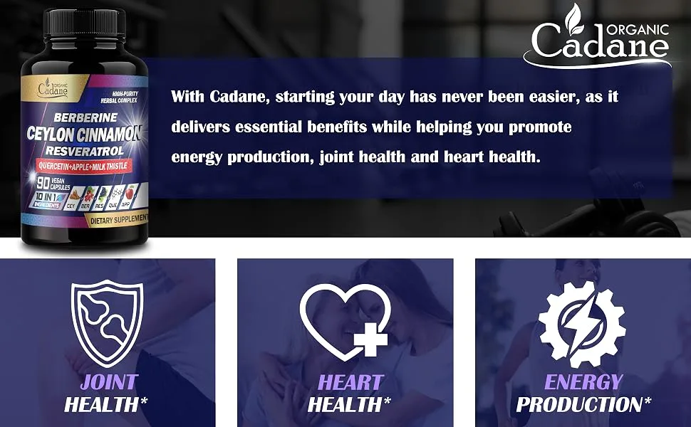 Cadane Ceylon Cinnamon Berberine Quercetin Supplement - Support Heart Body Digestive & Immunity - 10in1 with Milk Thistle Turmeric Apple & More - 90 Veggie Capsules - cinnamon vitamins ceylon cinnamon supplements cinnamon bark capsules ceylon cinamon cylon cinnamon