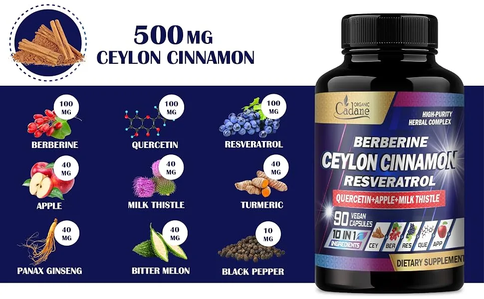 Cadane Ceylon Cinnamon Berberine Quercetin Supplement - Support Heart Body Digestive & Immunity - 10in1 with Milk Thistle Turmeric Apple & More - 90 Veggie Capsules - organic ceylon cinnamon capsules ceylon cinnamon pills organic cinnamon capsules cinnamon tablets