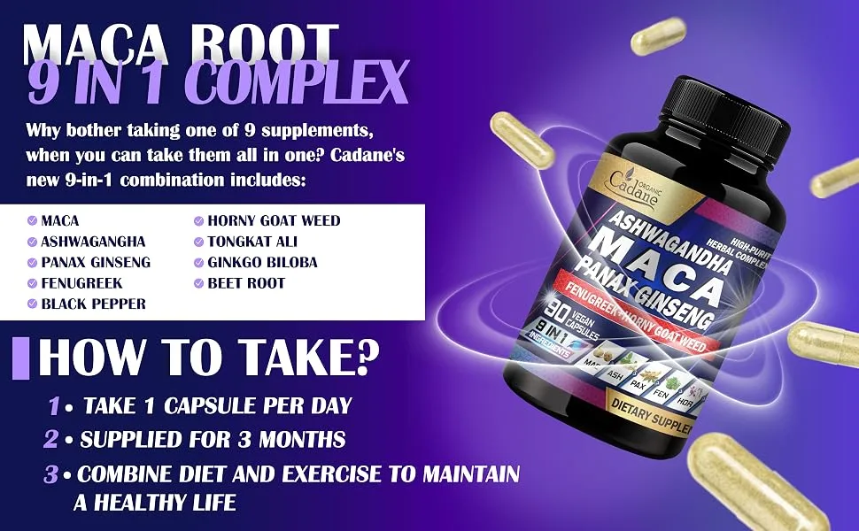 Organic Cadane Maca Root Ashwagandha Panax Ginseng Supplement - 90 Capsules 3 Months with Fenugreek Tongkat Ali & More - Support Energy Production & Immunity - maca extract maca for women maca vitamins for women yellow maca root capsules maca root supplement