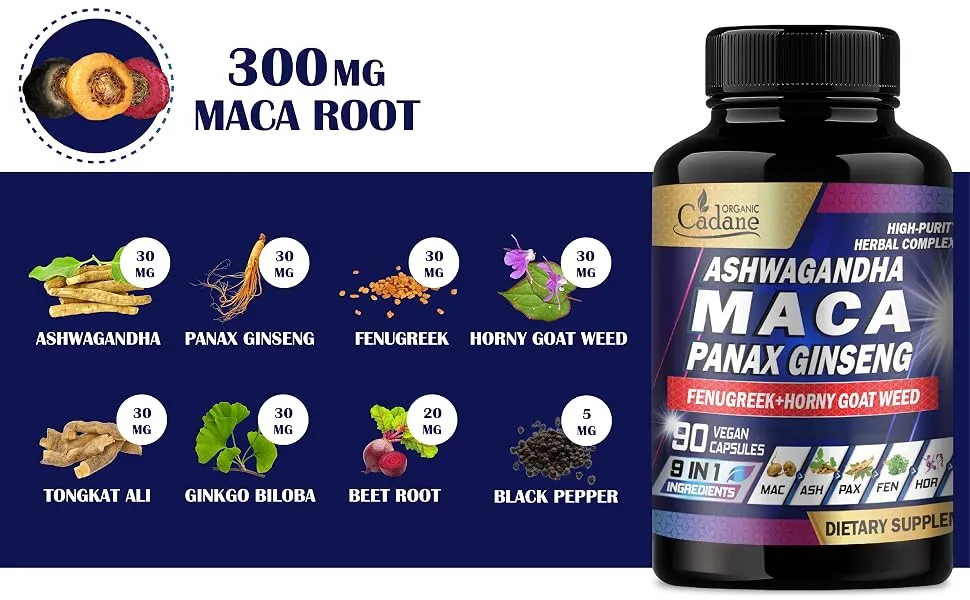 Organic Cadane Maca Root Ashwagandha Panax Ginseng Supplement - 90 Capsules 3 Months with Fenugreek Tongkat Ali & More - Support Energy Production & Immunity - maca root capsules maca root extra strength maca capsules yellow maca root maca supplement