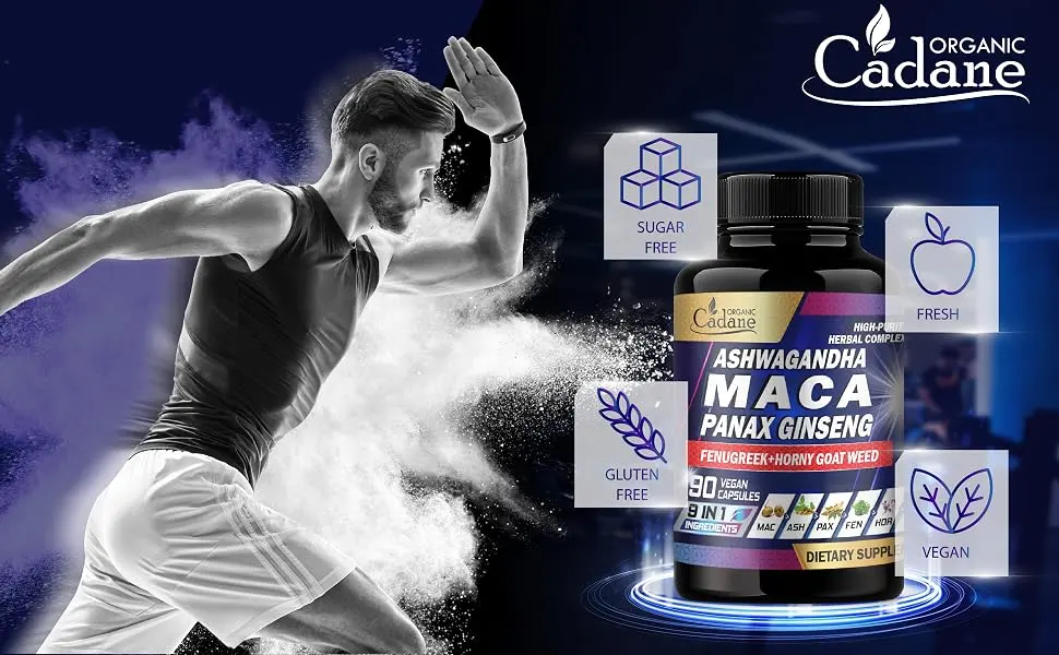 Organic Cadane Maca Root Ashwagandha Panax Ginseng Supplement - 90 Capsules 3 Months with Fenugreek Tongkat Ali & More - Support Energy Production & Immunity - maca root maca root capsules for women maca root capsules for men black maca root for men