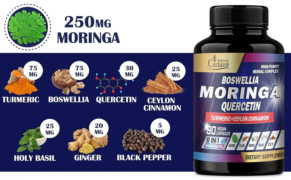 Organic Cadane Moringa Leaf Boswellia Quercetin Supplement - 90 Veggie Capsules - moringa capsules organic moringa supplement organic moringa capsules moringa leaf pure moringa
