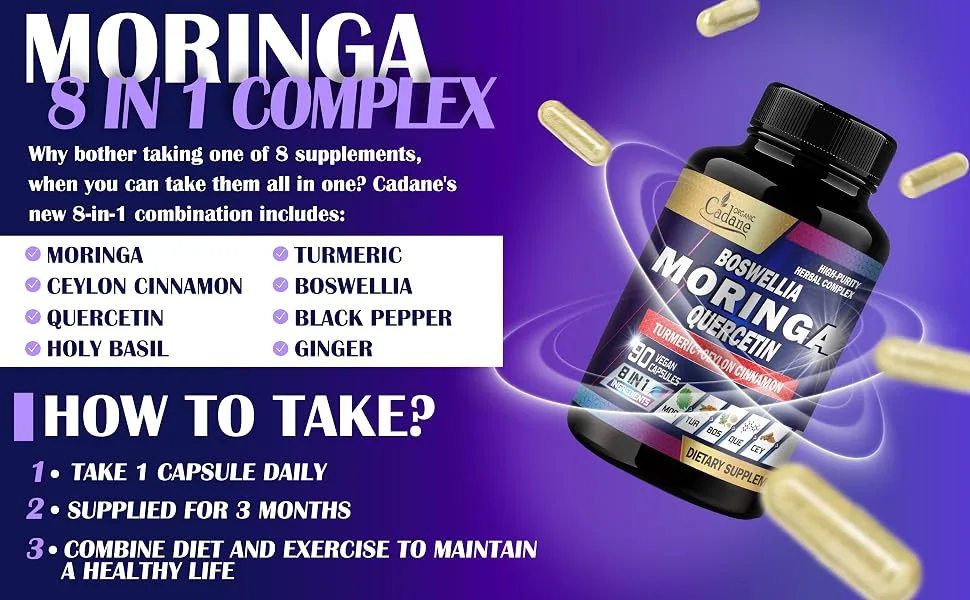 Organic Cadane Moringa Leaf Boswellia Quercetin Supplement - 90 Veggie Capsules - moringa tablets moringa capsule moringa supplements moringa third party tested moringa leaf extract