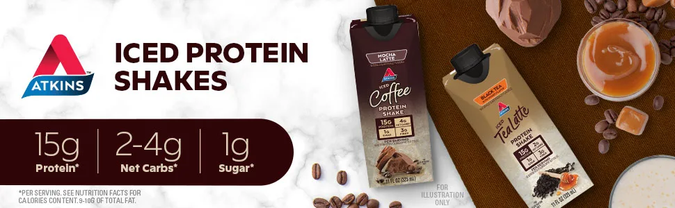 Atkins Iced Coffee Vanilla Latte Protein Shake 15g Protein Low Glycemic 4g Net Carb 1g Sugar Keto Friendly (Pack of 2) - image showing iced protein shake macros, 15g protein, 2-4 net carbs, 1g sugar