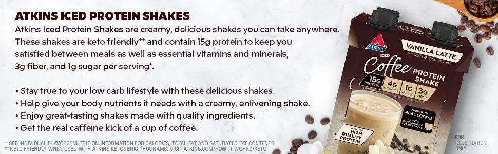 Atkins Iced Coffee Vanilla Latte Protein Shake 15g Protein Low Glycemic 4g Net Carb 1g Sugar Keto Friendly (Pack of 2) - Image talking about Iced prtotein shakes