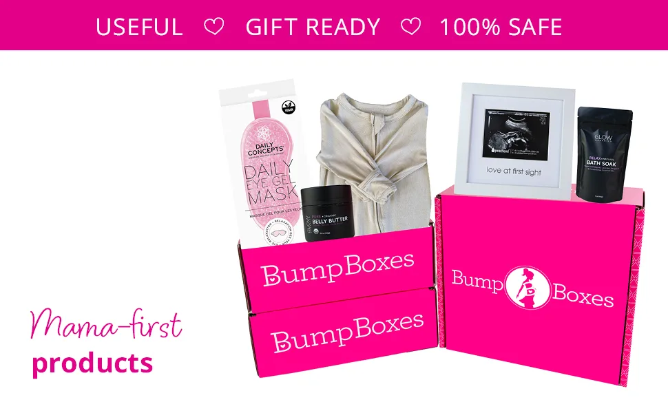 Bump Boxes 2nd Trimester Gift Set Complete Pregnancy Care Package with Belly Butter Bath Soak Baby Footed Sleeper Sonogram Frame and Eye Mask - pregnancy care package gift basket kit survival bump box congrats maternity box mom to be box