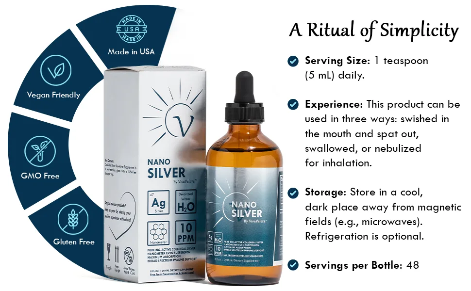 Colloidal Silver Liquid 10 PPM Bio-Active Nano Silver 8 oz Amber Glass Dropper Bottle Third-Party Tested Preservative-Free Immune Support Supplement Made in USA - Bottle next to box with a description of the product