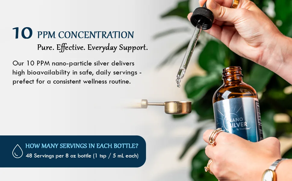 Colloidal Silver Liquid 10 PPM Bio-Active Nano Silver 8 oz Amber Glass Dropper Bottle Third-Party Tested Preservative-Free Immune Support Supplement Made in USA - Dropper pouring supplement into measuring spoon