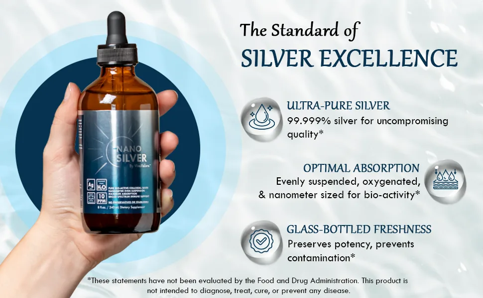 Colloidal Silver Liquid 10 PPM Bio-Active Nano Silver 8 oz Amber Glass Dropper Bottle Third-Party Tested Preservative-Free Immune Support Supplement Made in USA - Hand holder supplement with explanation in side