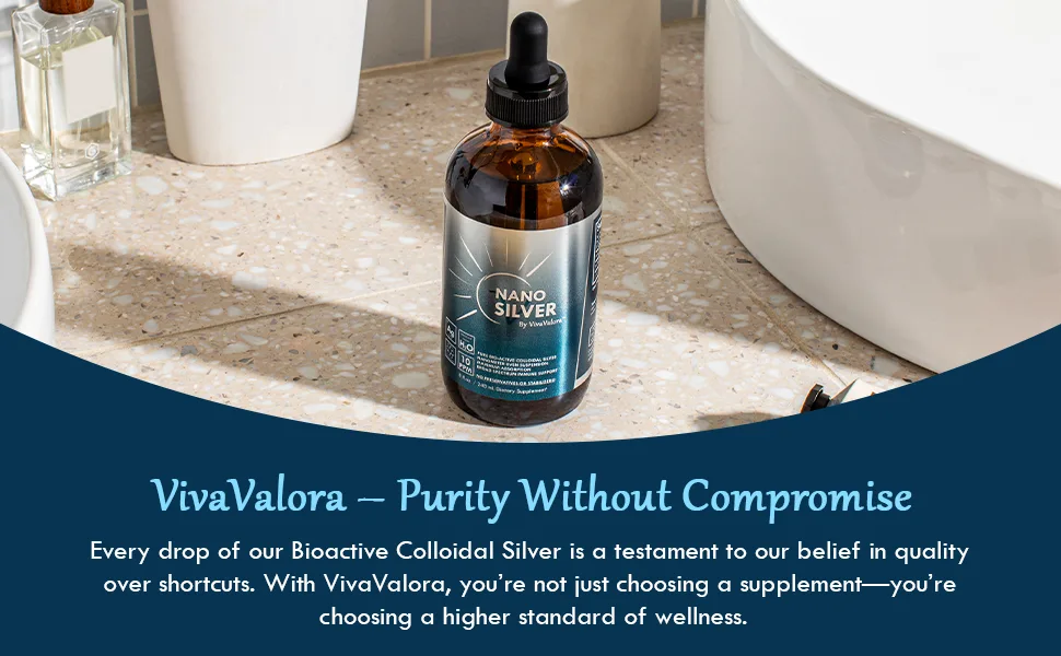 Colloidal Silver Liquid 10 PPM Bio-Active Nano Silver 8 oz Amber Glass Dropper Bottle Third-Party Tested Preservative-Free Immune Support Supplement Made in USA - Supplement bottle next to sink and toiletries