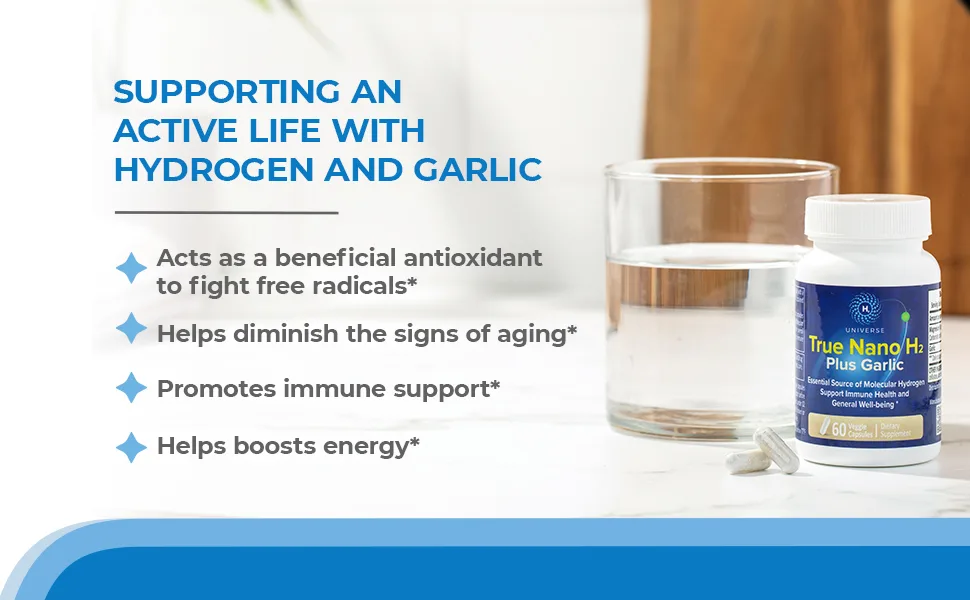 True Nano H2 with Garlic by H2 Universe | Molecular Hydrogen with Active Hydrogen Nanobubbles Boosts Energy Powerful Antioxidant| 60 Capsules - Active life