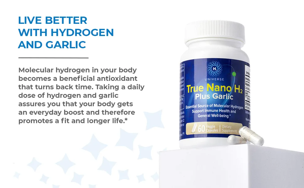 True Nano H2 with Garlic by H2 Universe | Molecular Hydrogen with Active Hydrogen Nanobubbles Boosts Energy Powerful Antioxidant| 60 Capsules - hydrogen and garlic