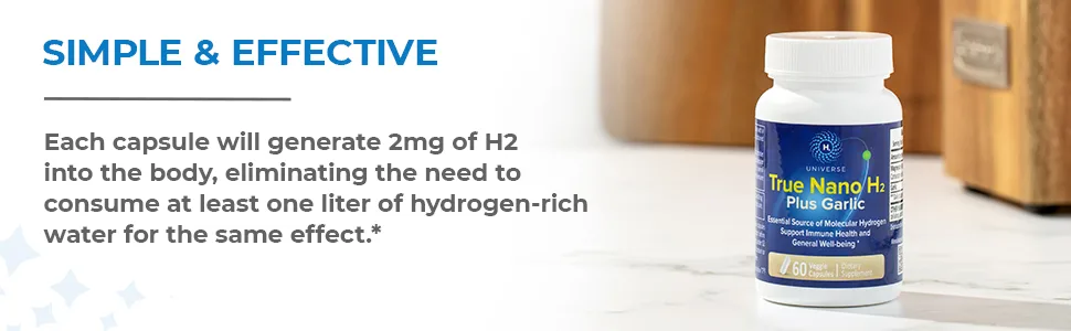 True Nano H2 with Garlic by H2 Universe | Molecular Hydrogen with Active Hydrogen Nanobubbles Boosts Energy Powerful Antioxidant| 60 Capsules - hydrogen rich