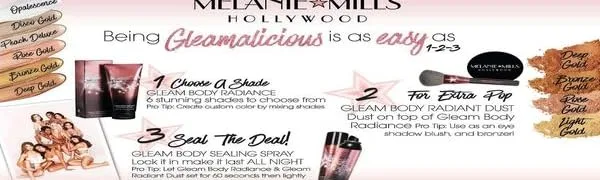 Melanie Mills Hollywood Mini Moisturizing Body Makeup Gleam on the Go Kit - Rose Gold  Bronze Gold  Deep Gold  1 fl.oz. each - makeup, glitter, gleam, sheen