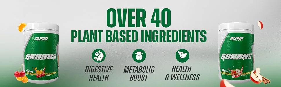Alpha Supps - Alpha Greens Supplement | Fruit & Vegetable Superfood Powder | Over 40 Natural Plant Based Ingredients | Prebiotic & Probiotic Digestive Support Blend - 30 Servings (Pineapple) - alpha supps allpha greens plant info banner