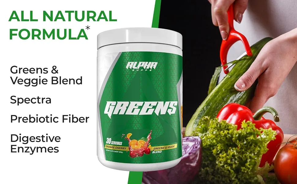 Alpha Supps - Alpha Greens Supplement | Fruit & Vegetable Superfood Powder | Over 40 Natural Plant Based Ingredients | Prebiotic & Probiotic Digestive Support Blend - 30 Servings (Pineapple) - alpha supps alpha greens veggies banner