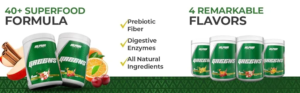 Alpha Supps - Alpha Greens Supplement | Fruit & Vegetable Superfood Powder | Over 40 Natural Plant Based Ingredients | Prebiotic & Probiotic Digestive Support Blend - 30 Servings (Pineapple) - alpha supps horizontal info banner